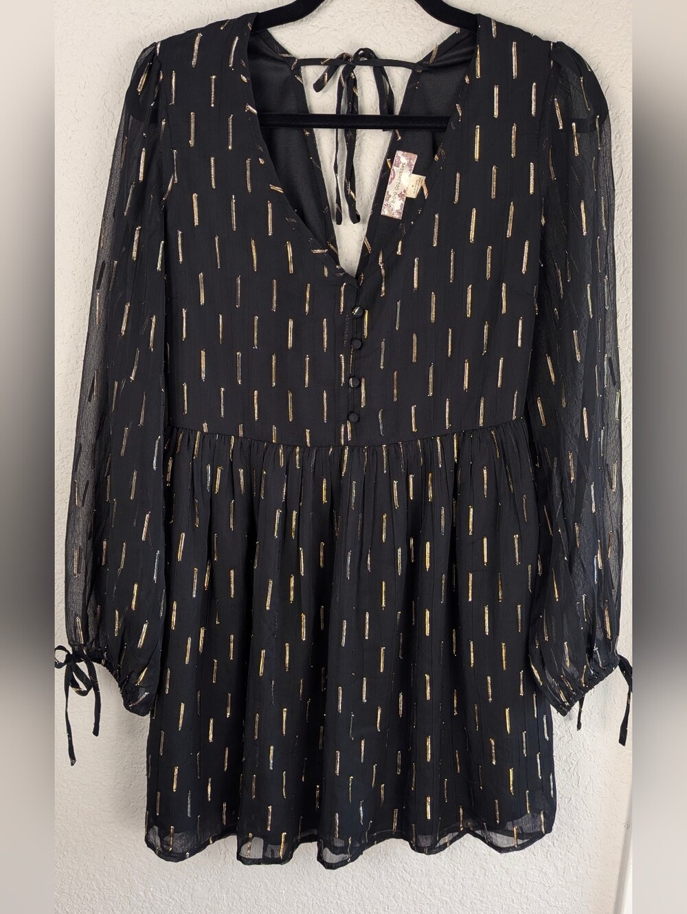 Band Of The Free Mini Cocktail Dress M Black Gold Metallic Thread Open Back Chic